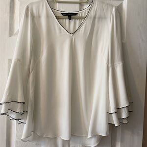 White House Black Market White V-Neck Blouse with Black Trim